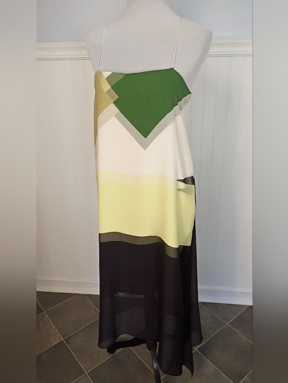 Tibi Pieza Draped Silk Slip Dress Colorblock Green Yellow Black Size 10 - Picture 4 of 15